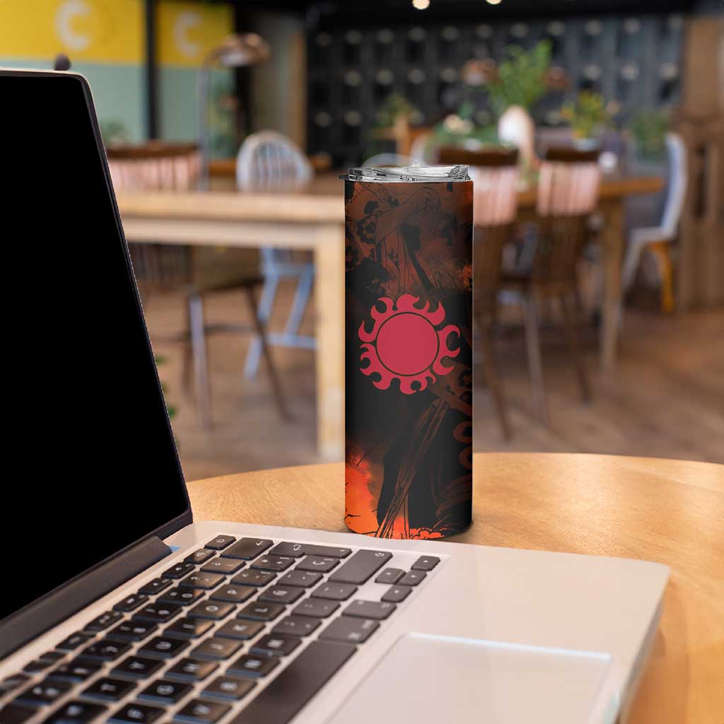 Jinbe One Piece Red and Black Theme Skinny Tumbler with Sun Pirates Emblem and Karate Pose Design - The Mazicc