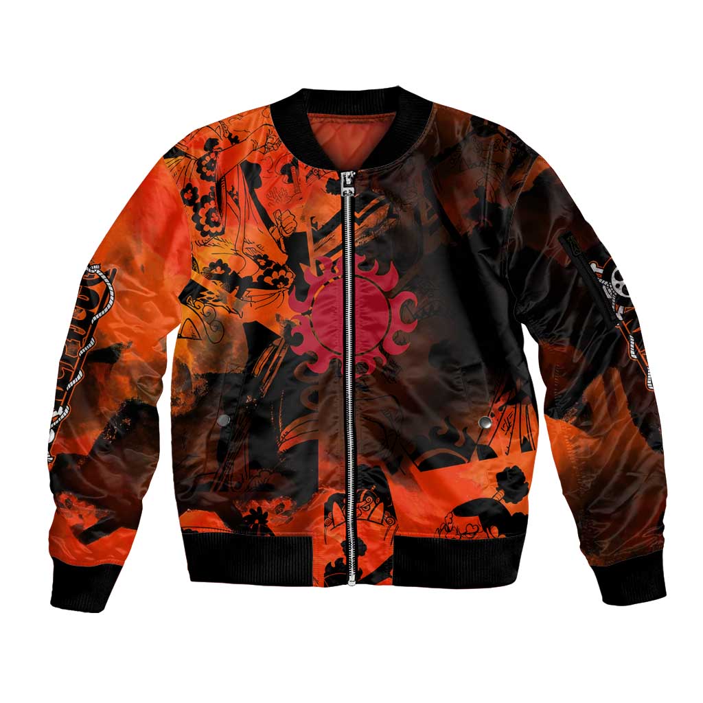 Jinbe One Piece Red and Black Theme Sleeve Zip Bomber Jacket with Sun Pirates Emblem and Karate Pose Design - The Mazicc