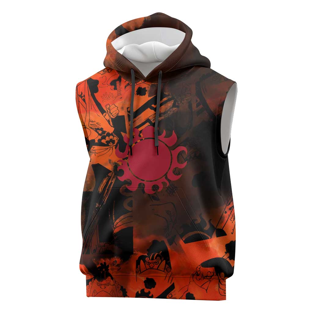 Jinbe One Piece Red and Black Theme Sleeveless Hoodie with Sun Pirates Emblem and Karate Pose Design - The Mazicc