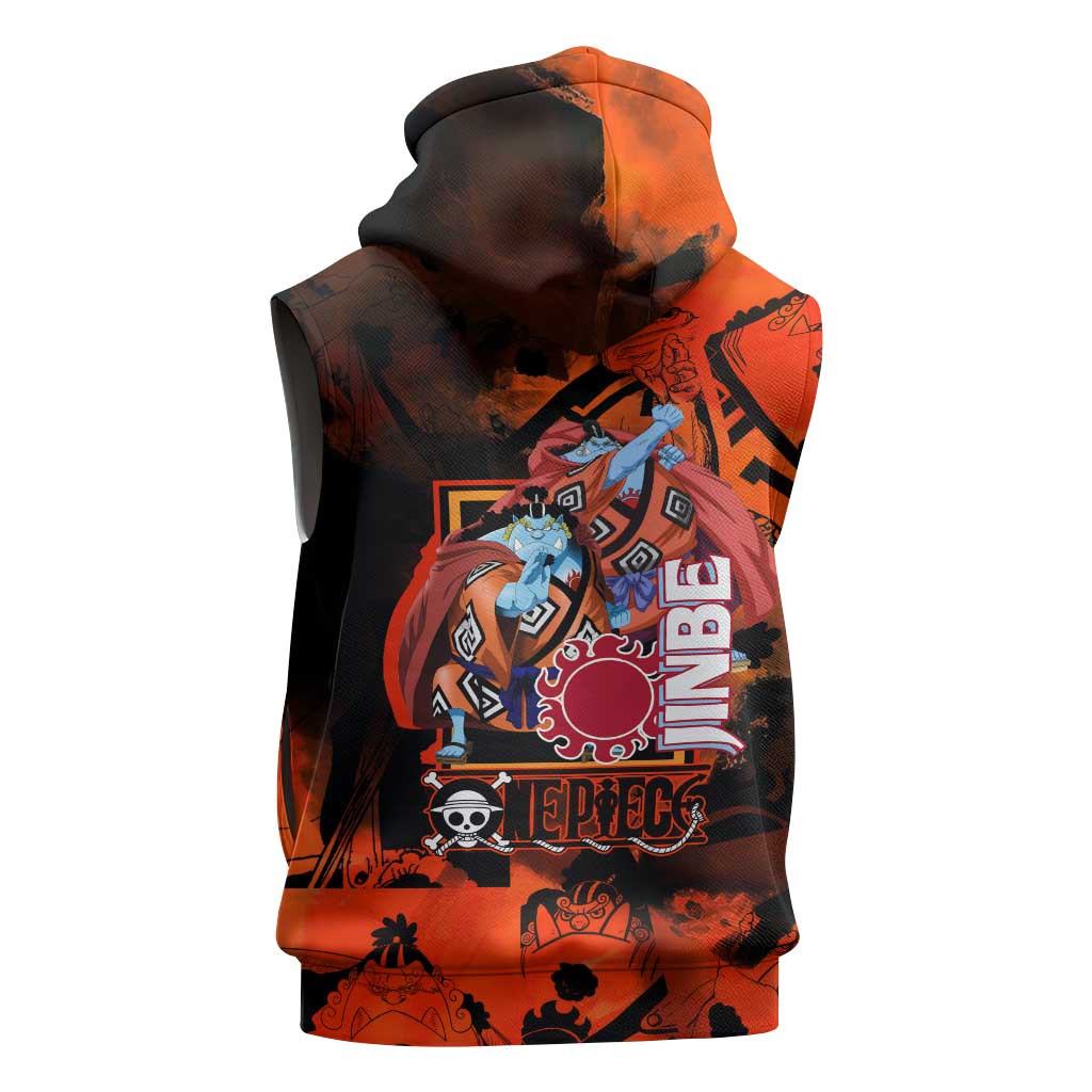 Jinbe One Piece Red and Black Theme Sleeveless Hoodie with Sun Pirates Emblem and Karate Pose Design - The Mazicc