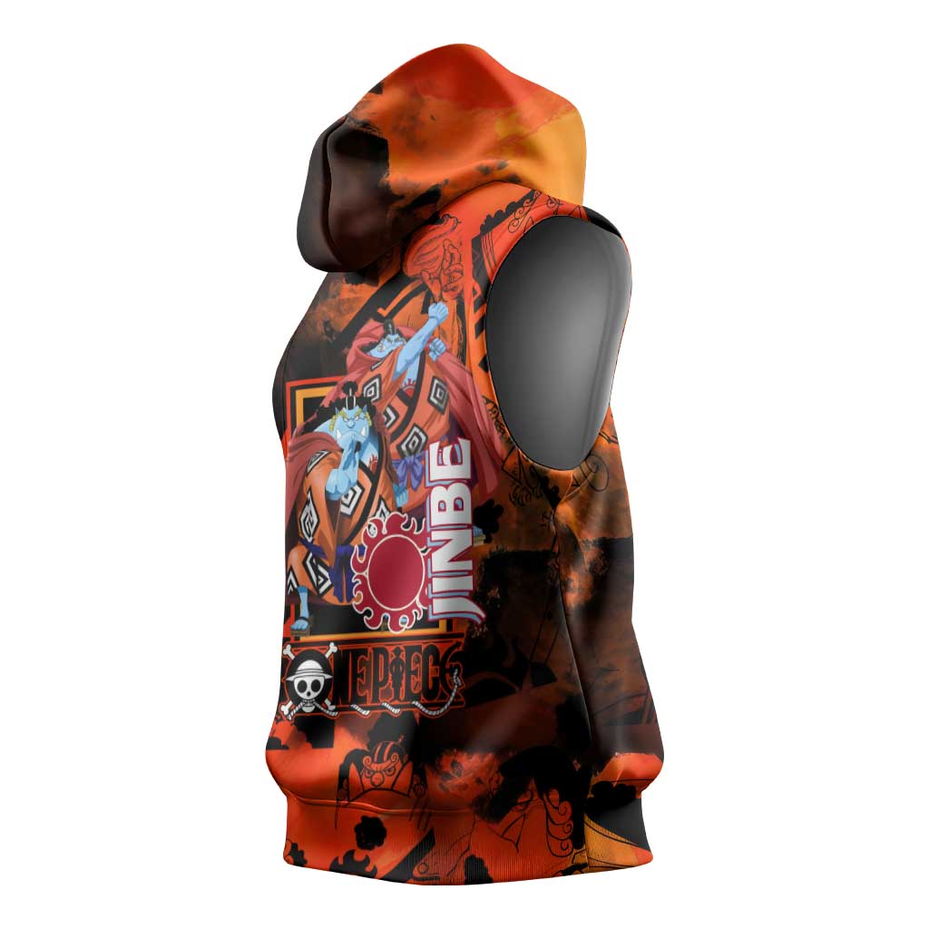 Jinbe One Piece Red and Black Theme Sleeveless Hoodie with Sun Pirates Emblem and Karate Pose Design - The Mazicc