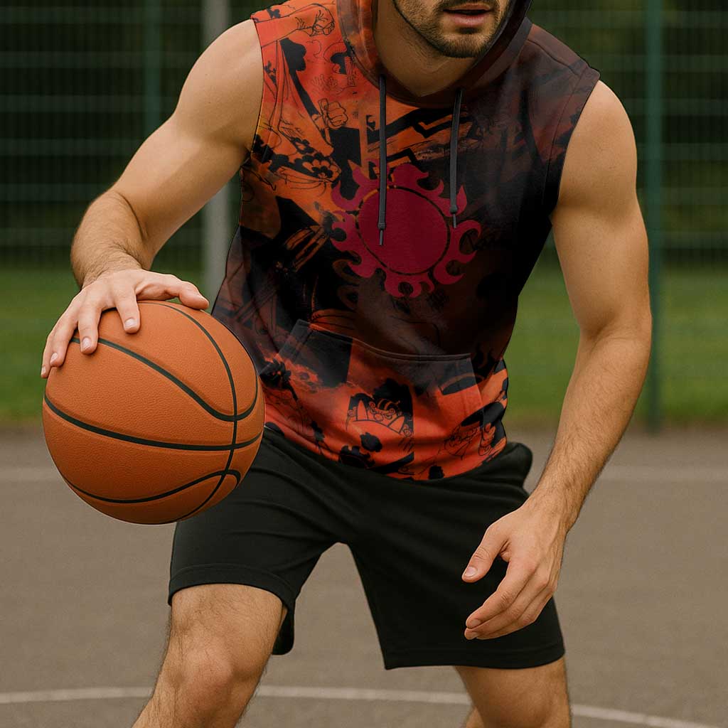 Jinbe One Piece Red and Black Theme Sleeveless Hoodie with Sun Pirates Emblem and Karate Pose Design - The Mazicc