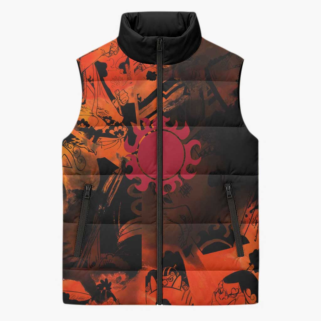 Jinbe One Piece Red and Black Theme Sleeveless Puffer Jacket with Sun Pirates Emblem and Karate Pose Design - The Mazicc