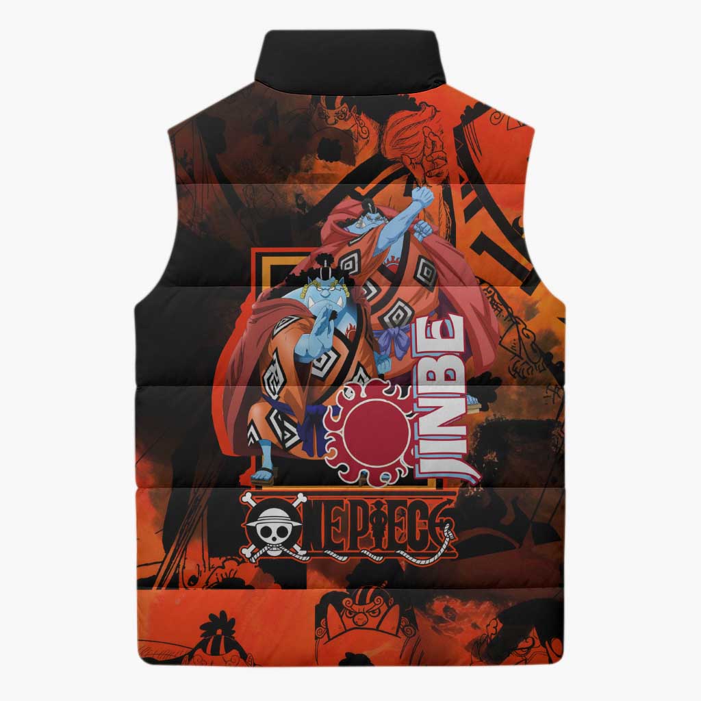 Jinbe One Piece Red and Black Theme Sleeveless Puffer Jacket with Sun Pirates Emblem and Karate Pose Design - The Mazicc