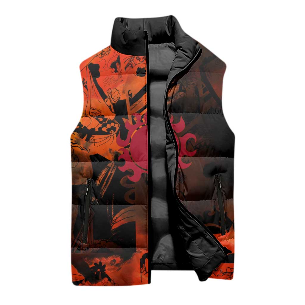 Jinbe One Piece Red and Black Theme Sleeveless Puffer Jacket with Sun Pirates Emblem and Karate Pose Design - The Mazicc