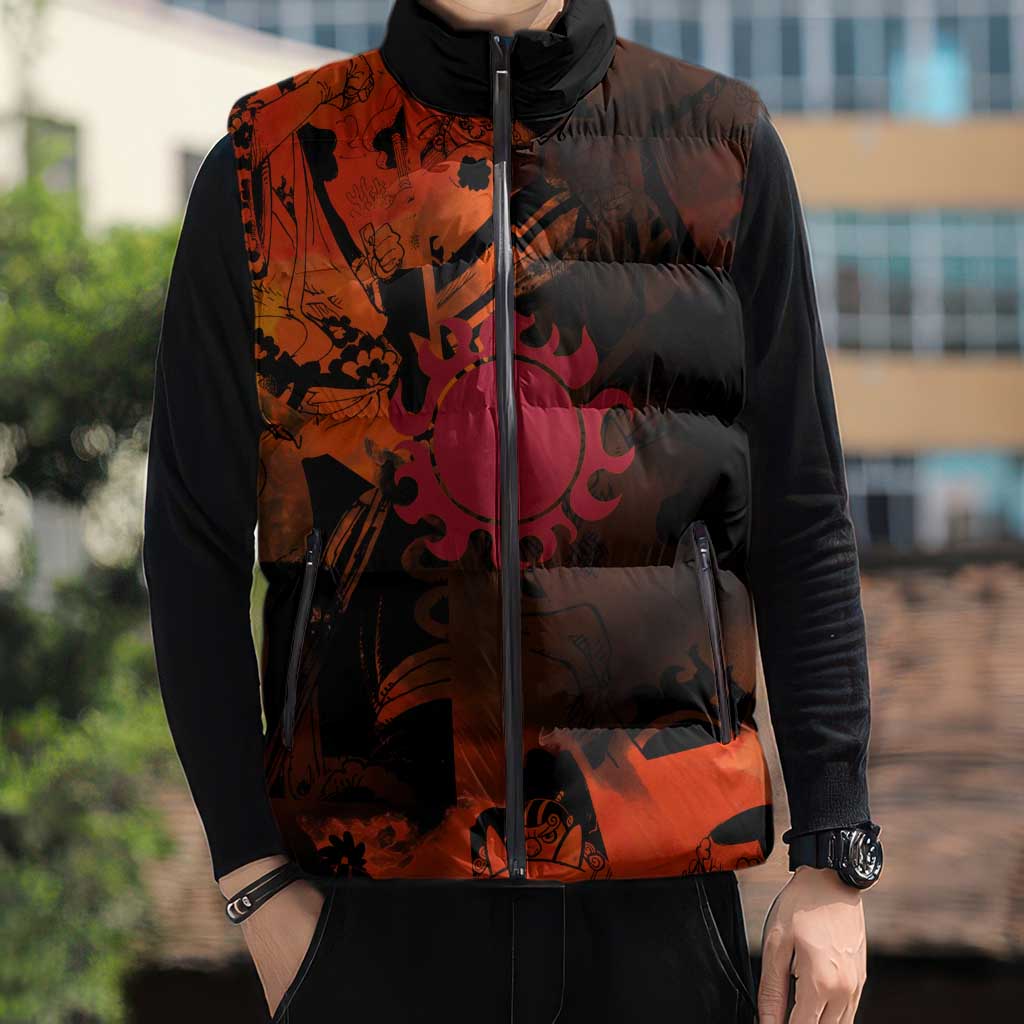 Jinbe One Piece Red and Black Theme Sleeveless Puffer Jacket with Sun Pirates Emblem and Karate Pose Design - The Mazicc