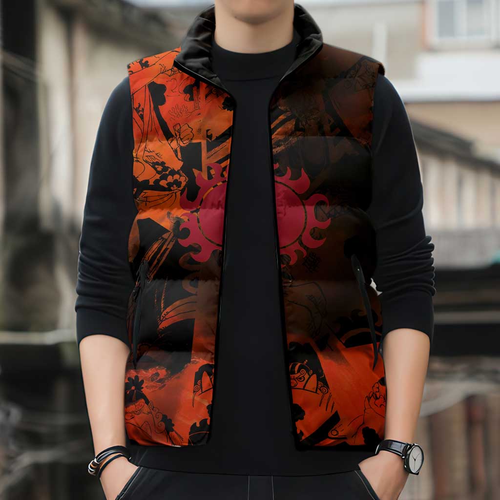 Jinbe One Piece Red and Black Theme Sleeveless Puffer Jacket with Sun Pirates Emblem and Karate Pose Design - The Mazicc