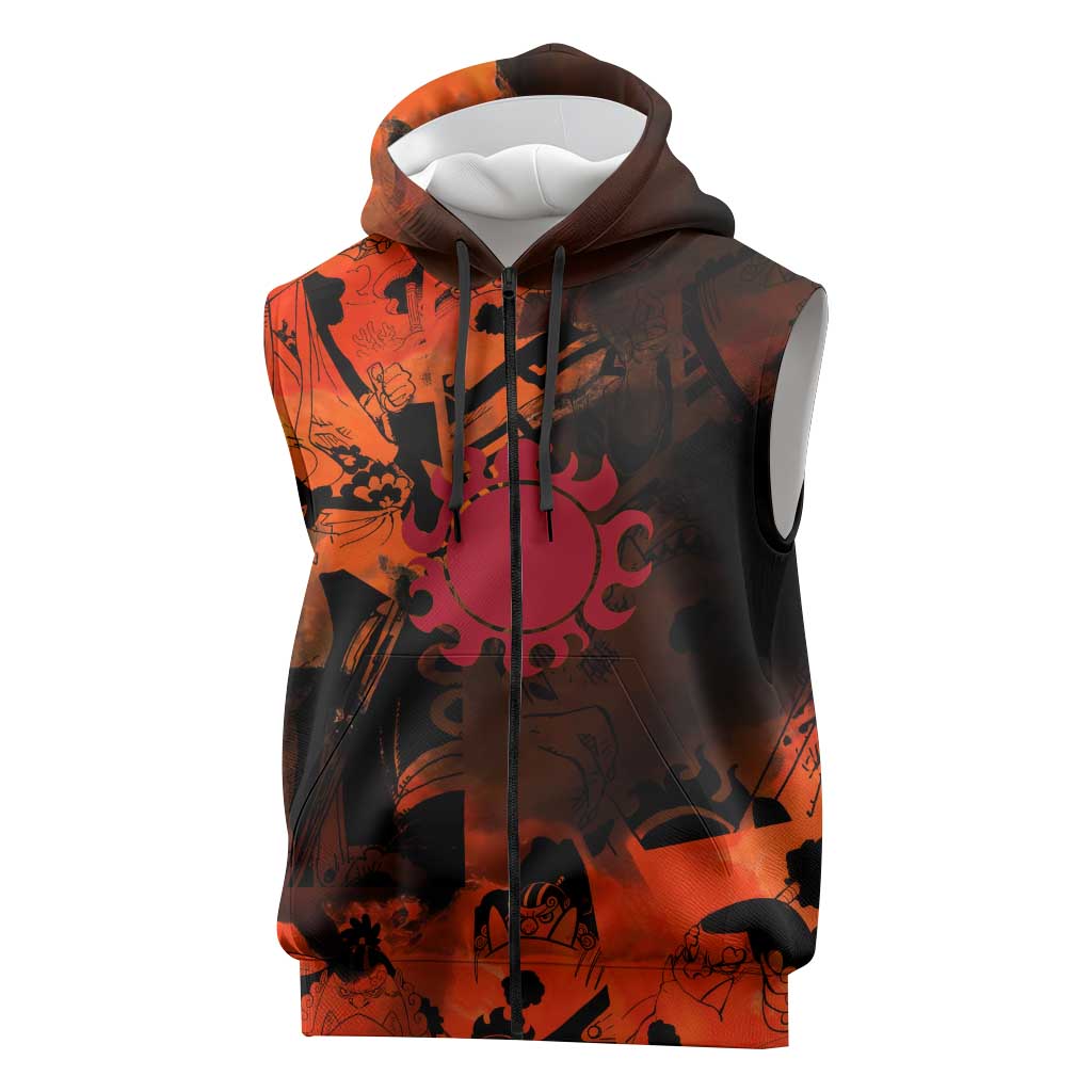 Jinbe One Piece Red and Black Theme Sleeveless Zip Hoodie with Sun Pirates Emblem and Karate Pose Design - The Mazicc