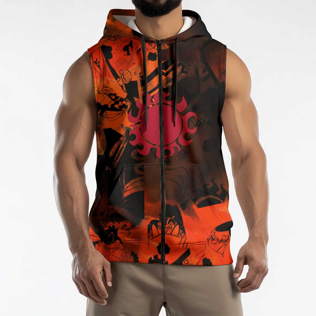 Jinbe One Piece Red and Black Theme Sleeveless Zip Hoodie with Sun Pirates Emblem and Karate Pose Design - The Mazicc