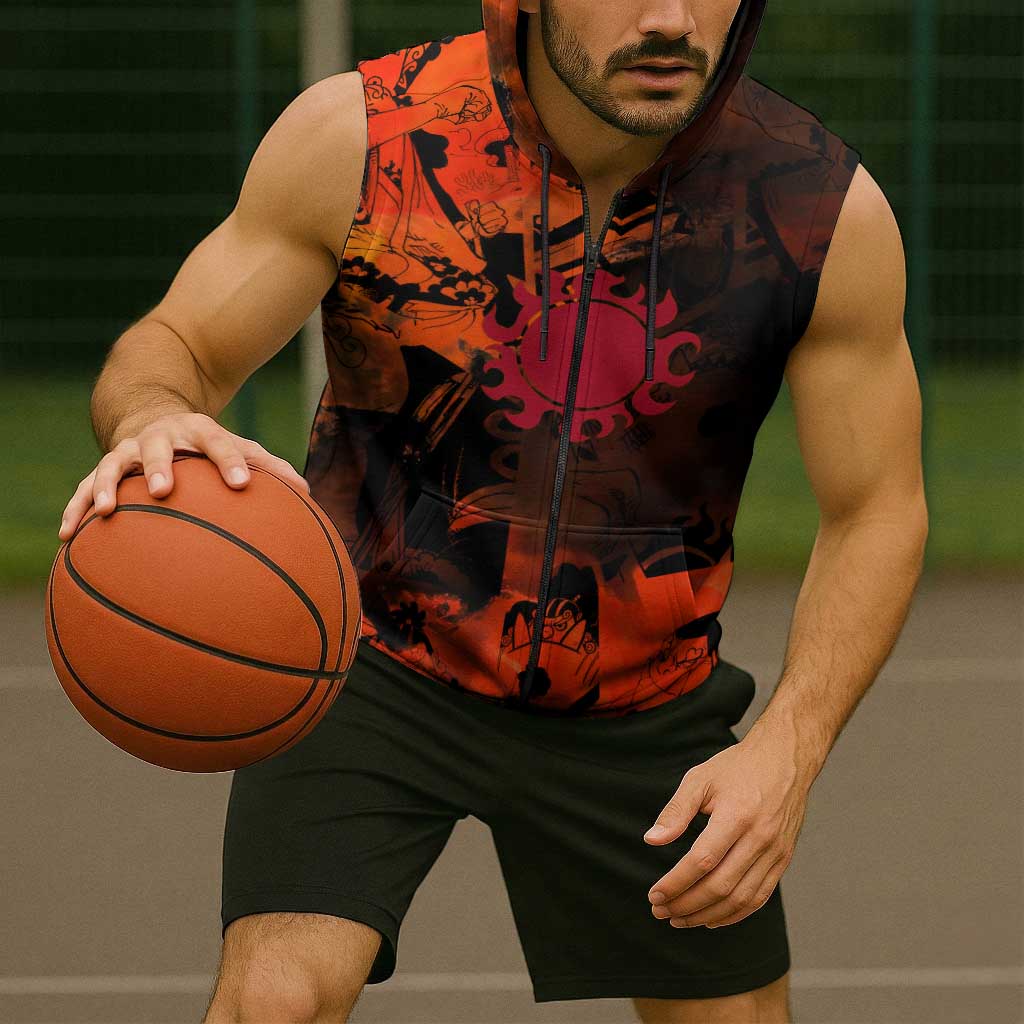 Jinbe One Piece Red and Black Theme Sleeveless Zip Hoodie with Sun Pirates Emblem and Karate Pose Design - The Mazicc