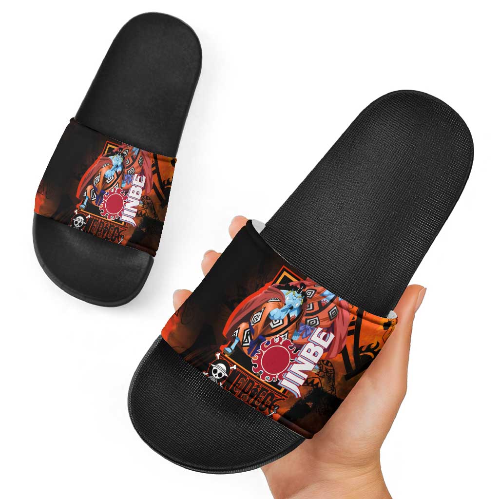 Jinbe One Piece Red and Black Theme Slide Sandals with Sun Pirates Emblem and Karate Pose Design - The Mazicc