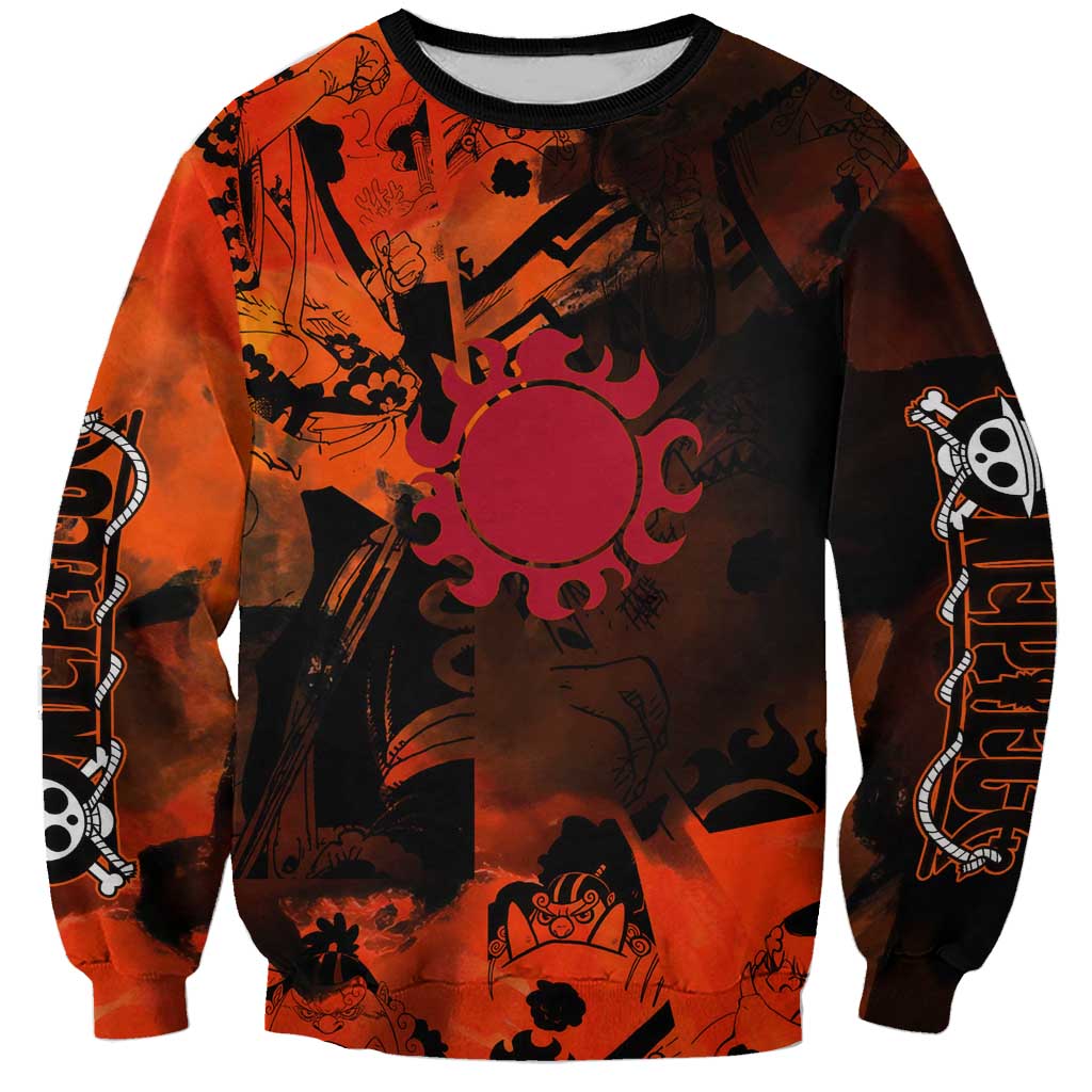 Jinbe One Piece Red and Black Theme Sweatshirt with Sun Pirates Emblem and Karate Pose Design - The Mazicc