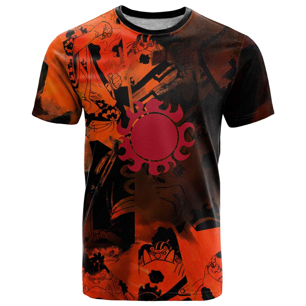 Jinbe One Piece Red and Black Theme T Shirt with Sun Pirates Emblem and Karate Pose Design - The Mazicc