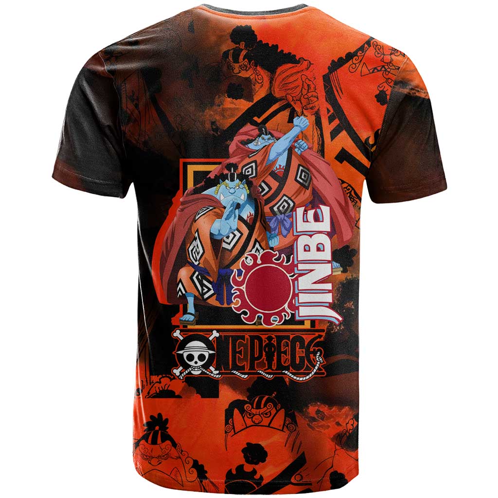 Jinbe One Piece Red and Black Theme T Shirt with Sun Pirates Emblem and Karate Pose Design - The Mazicc