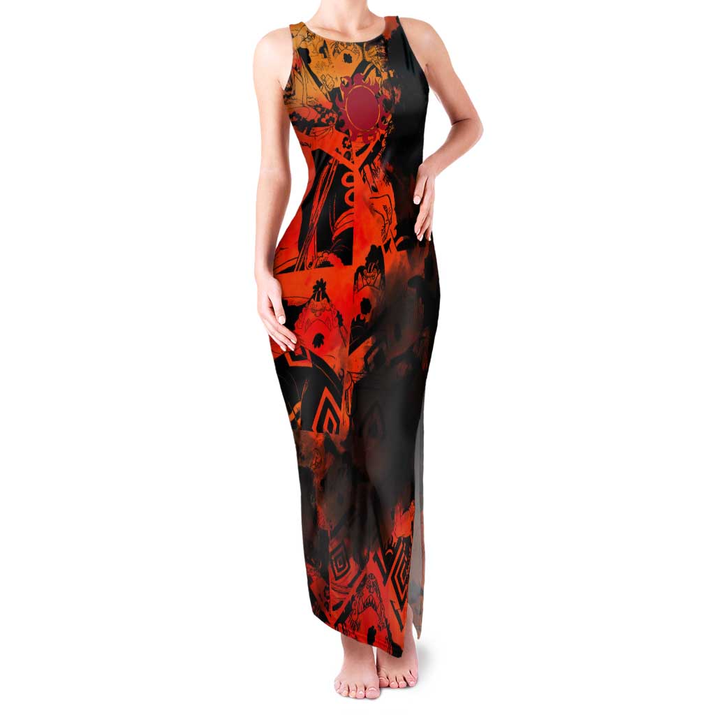 Jinbe One Piece Red and Black Theme Tank Maxi Dress with Sun Pirates Emblem and Karate Pose Design - The Mazicc