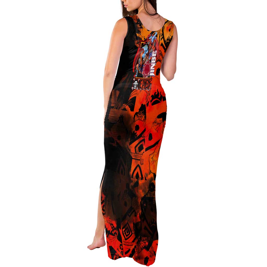 Jinbe One Piece Red and Black Theme Tank Maxi Dress with Sun Pirates Emblem and Karate Pose Design - The Mazicc
