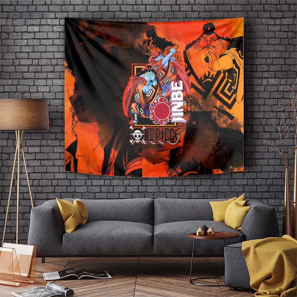 Jinbe One Piece Red and Black Theme Tapestry with Sun Pirates Emblem and Karate Pose Design - The Mazicc