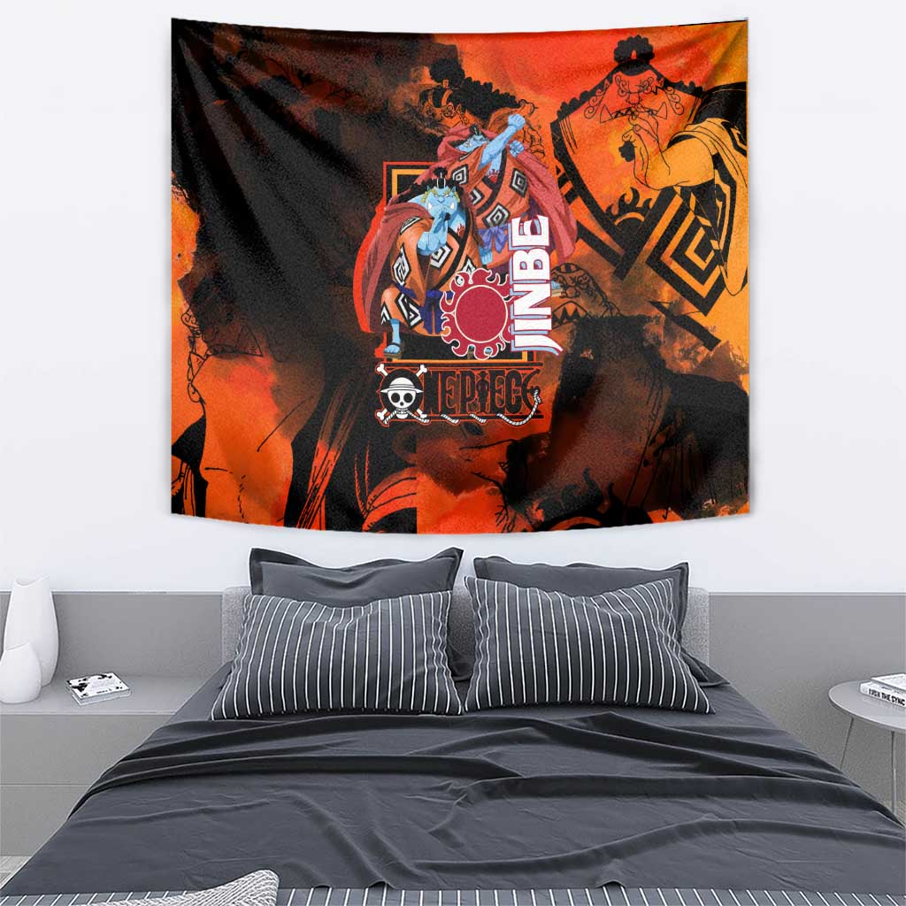 Jinbe One Piece Red and Black Theme Tapestry with Sun Pirates Emblem and Karate Pose Design - The Mazicc