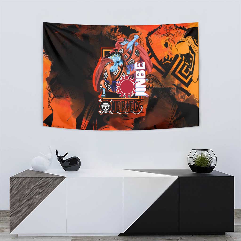 Jinbe One Piece Red and Black Theme Tapestry with Sun Pirates Emblem and Karate Pose Design - The Mazicc