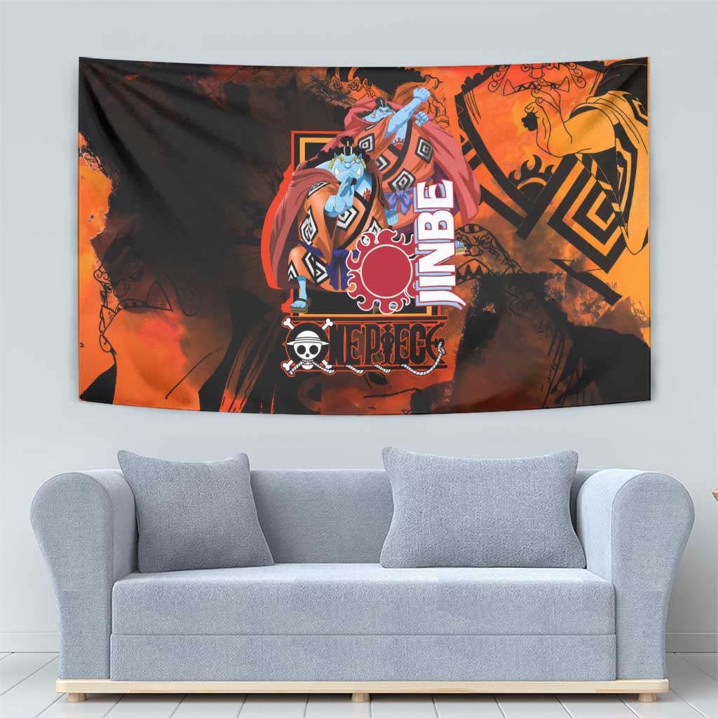 Jinbe One Piece Red and Black Theme Tapestry with Sun Pirates Emblem and Karate Pose Design - The Mazicc