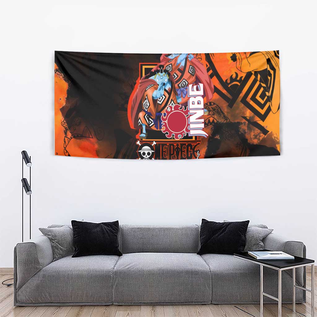 Jinbe One Piece Red and Black Theme Tapestry with Sun Pirates Emblem and Karate Pose Design - The Mazicc