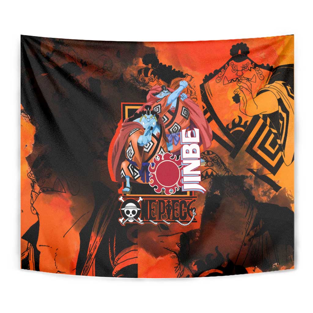 Jinbe One Piece Red and Black Theme Tapestry with Sun Pirates Emblem and Karate Pose Design - The Mazicc