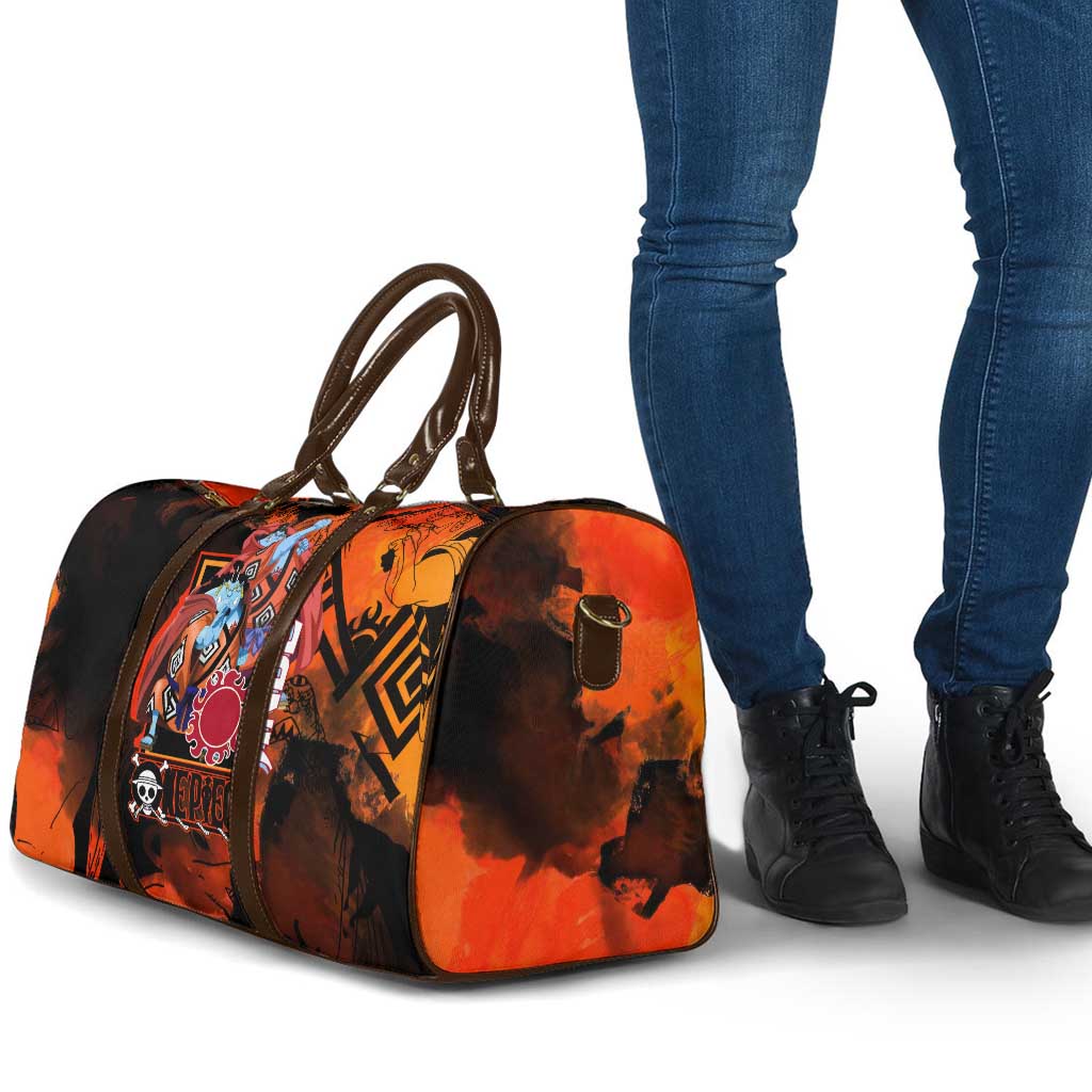 Jinbe One Piece Red and Black Theme Travel Bag with Sun Pirates Emblem and Karate Pose Design - The Mazicc