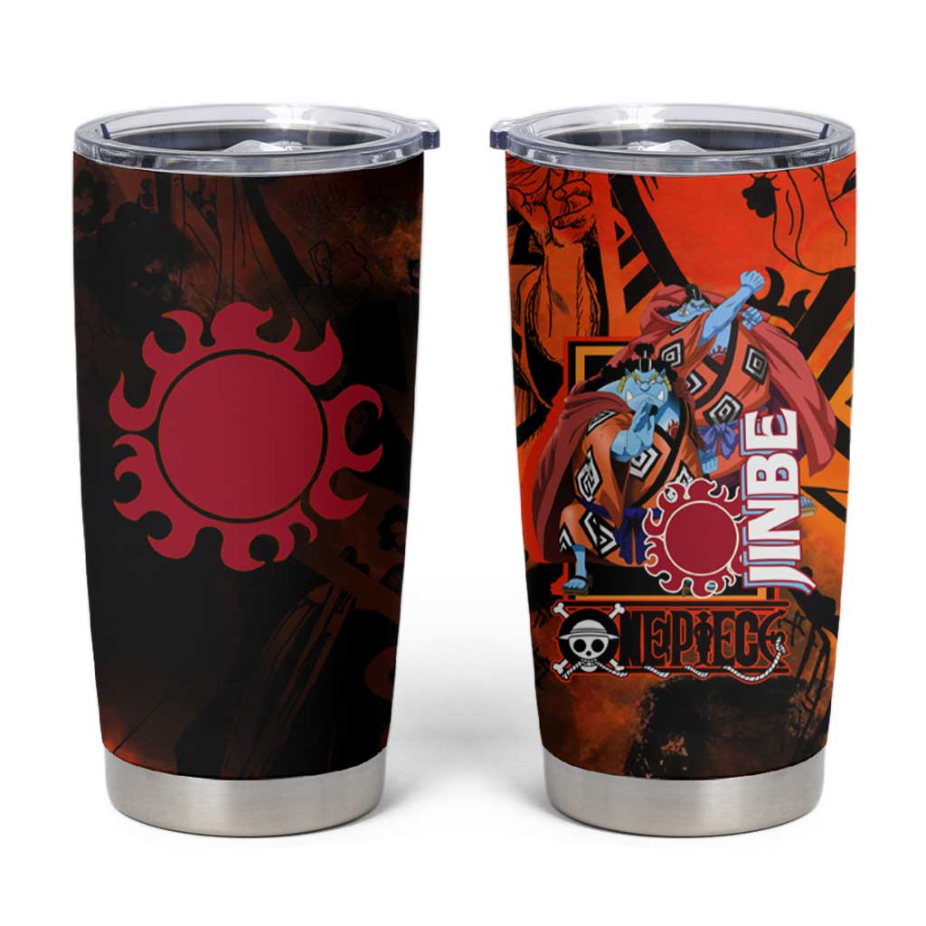 Jinbe One Piece Red and Black Theme Tumbler Cup with Sun Pirates Emblem and Karate Pose Design - The Mazicc