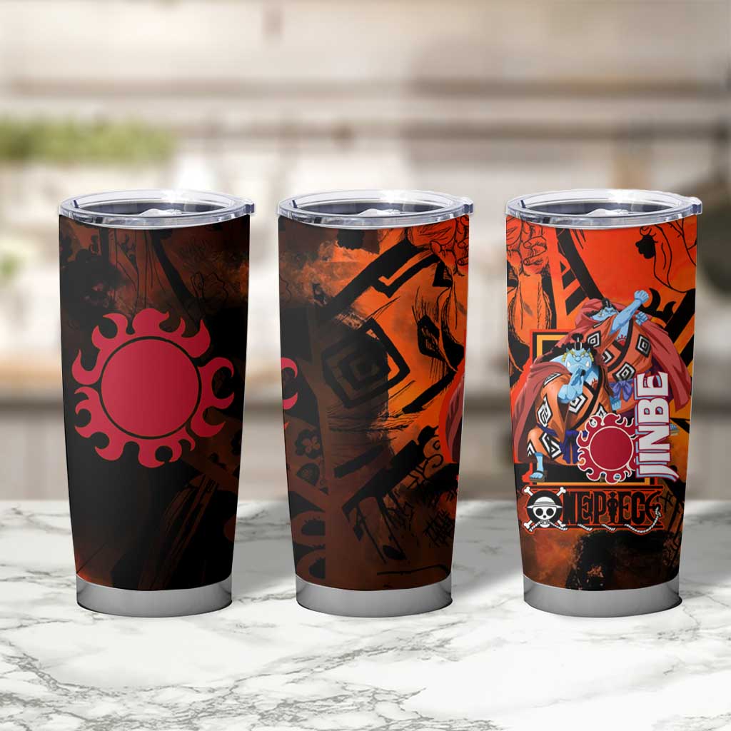 Jinbe One Piece Red and Black Theme Tumbler Cup with Sun Pirates Emblem and Karate Pose Design - The Mazicc