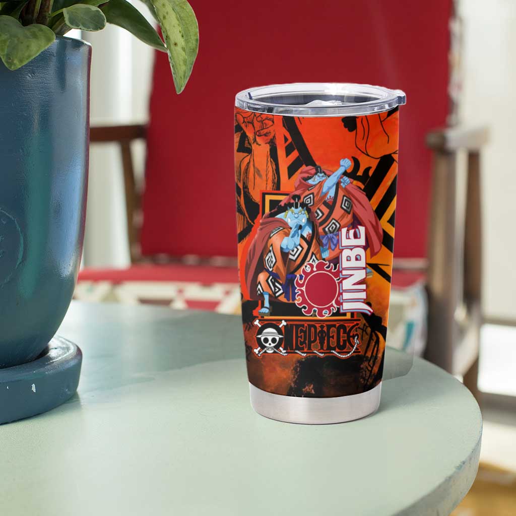 Jinbe One Piece Red and Black Theme Tumbler Cup with Sun Pirates Emblem and Karate Pose Design - The Mazicc