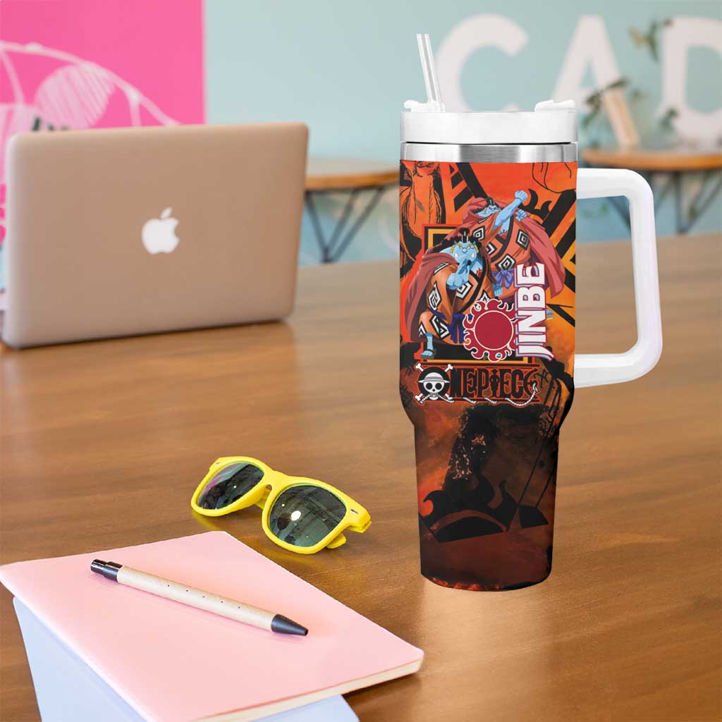 Jinbe One Piece Red and Black Theme Tumbler With Handle with Sun Pirates Emblem and Karate Pose Design - The Mazicc