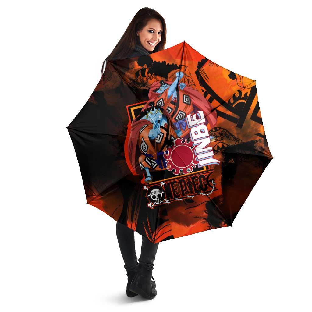 Jinbe One Piece Red and Black Theme Umbrella with Sun Pirates Emblem and Karate Pose Design - The Mazicc