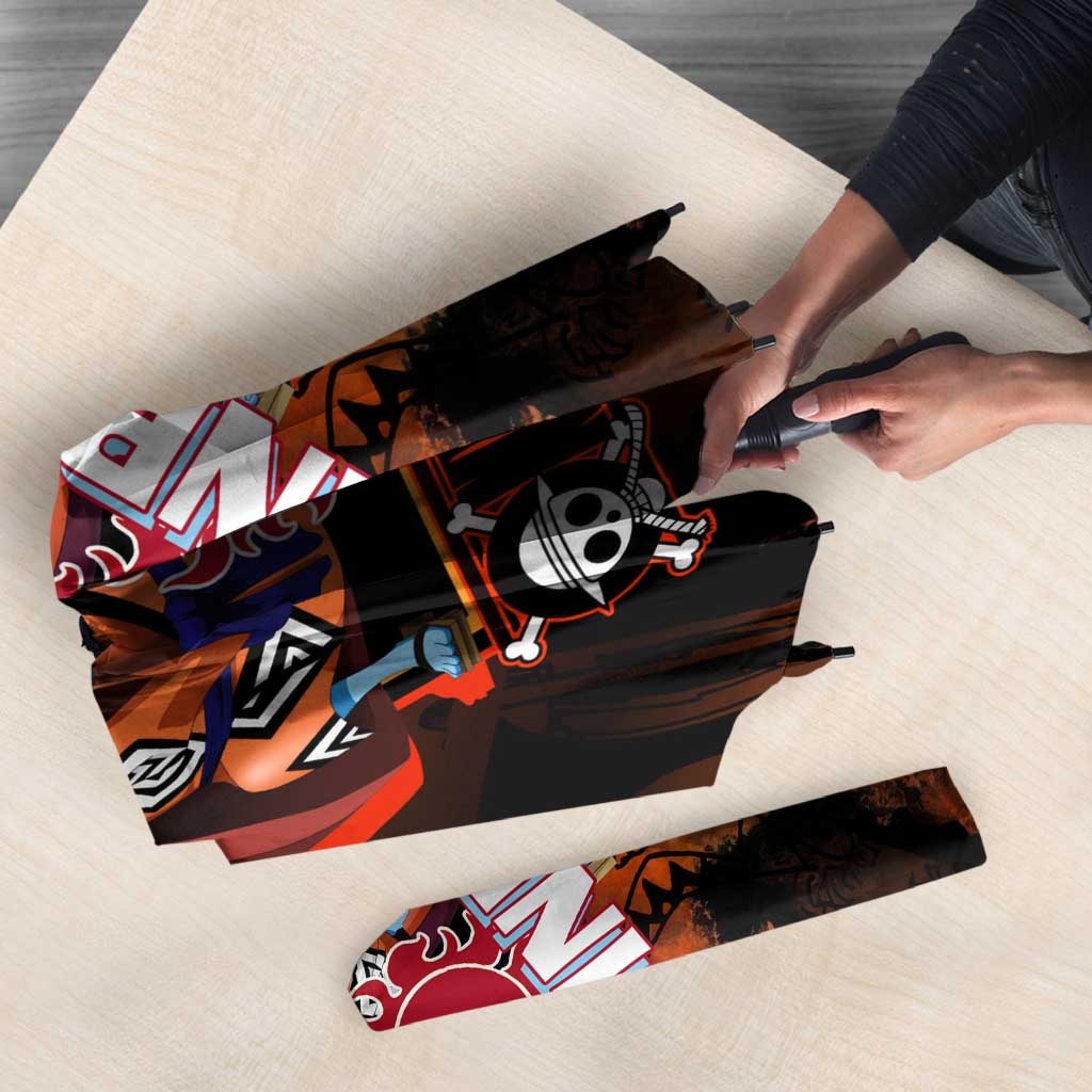 Jinbe One Piece Red and Black Theme Umbrella with Sun Pirates Emblem and Karate Pose Design - The Mazicc