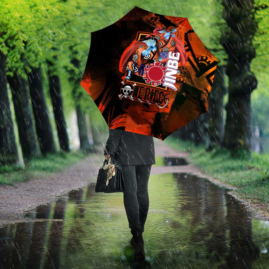Jinbe One Piece Red and Black Theme Umbrella with Sun Pirates Emblem and Karate Pose Design - The Mazicc