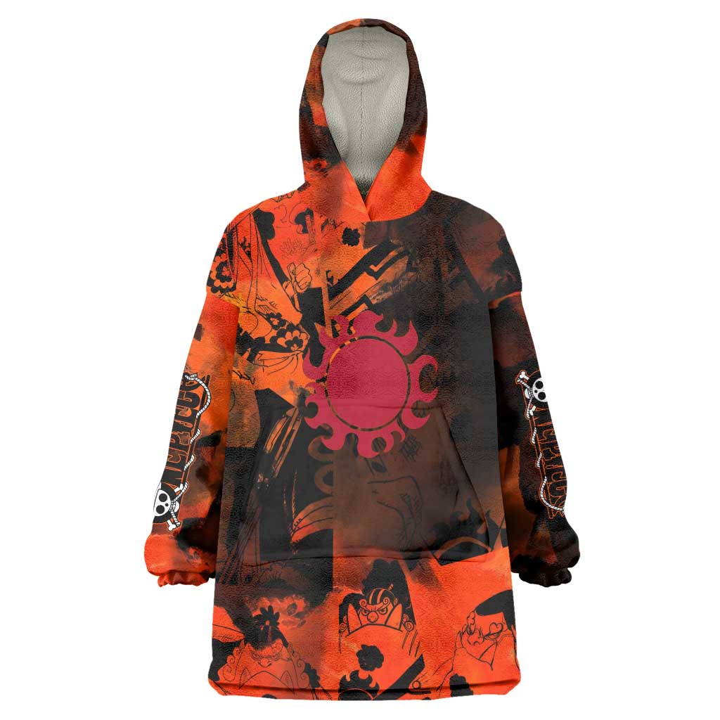Jinbe One Piece Red and Black Theme Wearable Blanket Hoodie with Sun Pirates Emblem and Karate Pose Design - The Mazicc