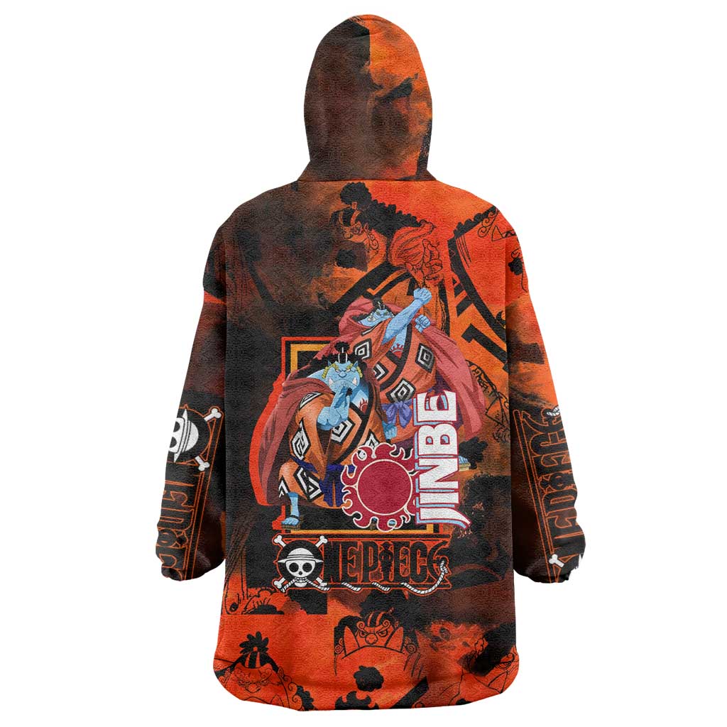 Jinbe One Piece Red and Black Theme Wearable Blanket Hoodie with Sun Pirates Emblem and Karate Pose Design - The Mazicc