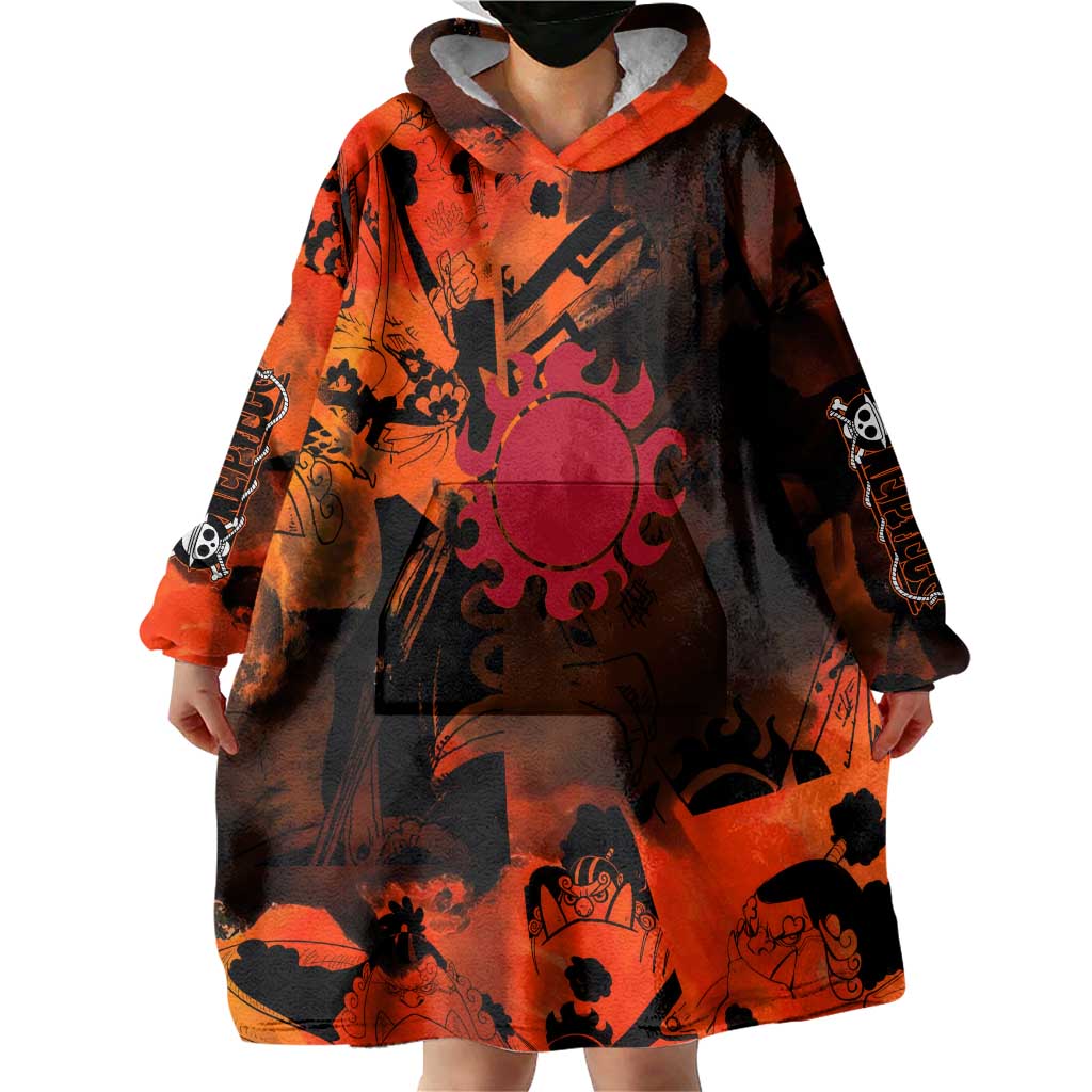 Jinbe One Piece Red and Black Theme Wearable Blanket Hoodie with Sun Pirates Emblem and Karate Pose Design - The Mazicc