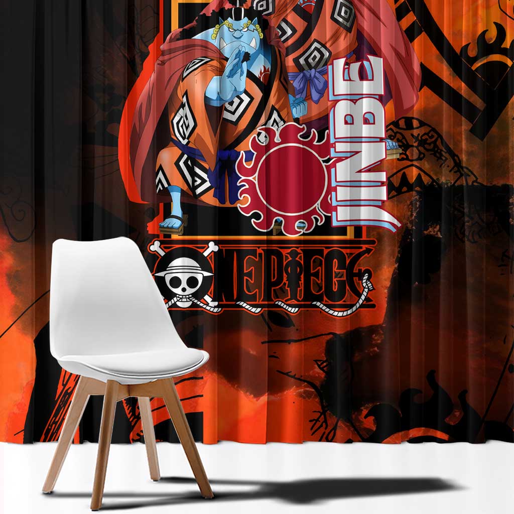 Jinbe One Piece Red and Black Theme Window Curtain with Sun Pirates Emblem and Karate Pose Design - The Mazicc