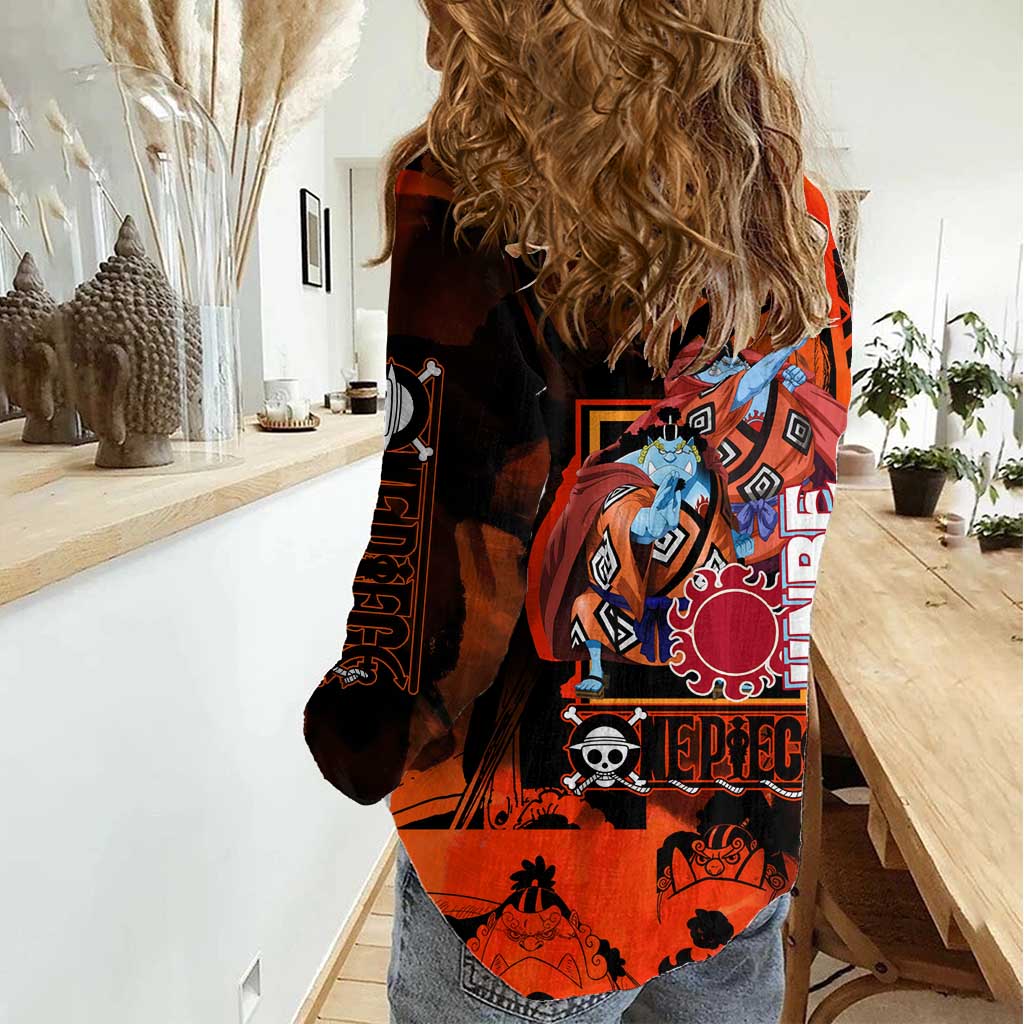 Jinbe One Piece Red and Black Theme Women Casual Shirt with Sun Pirates Emblem and Karate Pose Design - The Mazicc