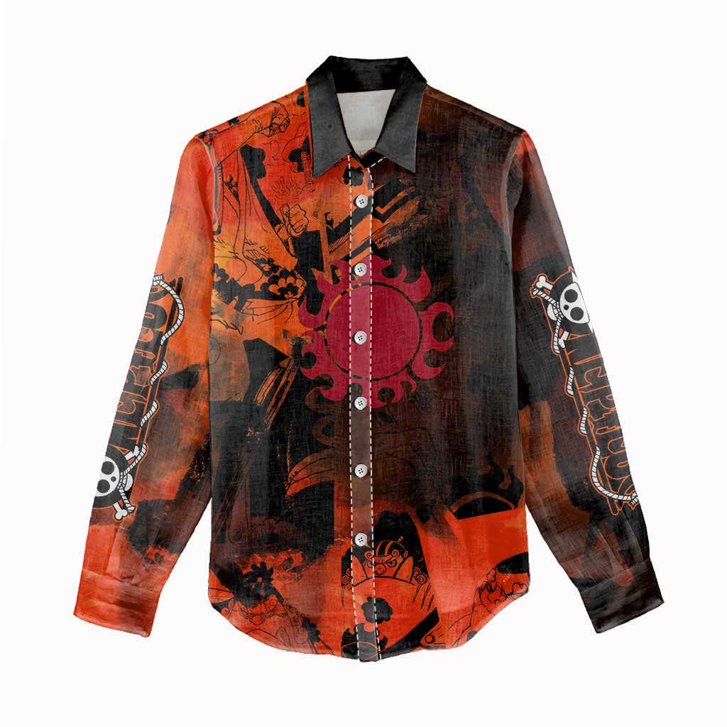 Jinbe One Piece Red and Black Theme Women Casual Shirt with Sun Pirates Emblem and Karate Pose Design - The Mazicc