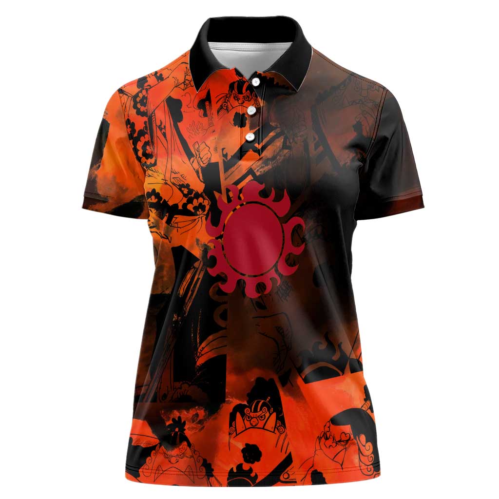 Jinbe One Piece Red and Black Theme Women Polo Shirt with Sun Pirates Emblem and Karate Pose Design - The Mazicc
