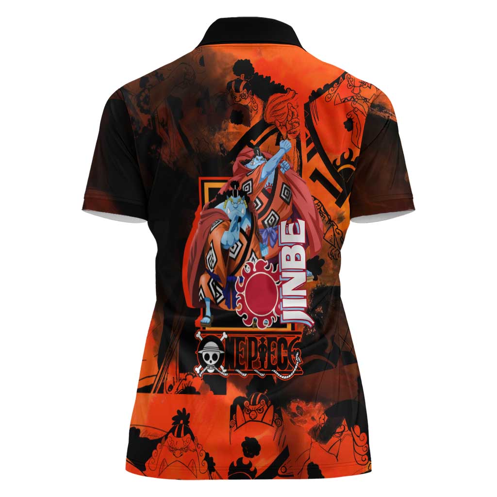Jinbe One Piece Red and Black Theme Women Polo Shirt with Sun Pirates Emblem and Karate Pose Design - The Mazicc