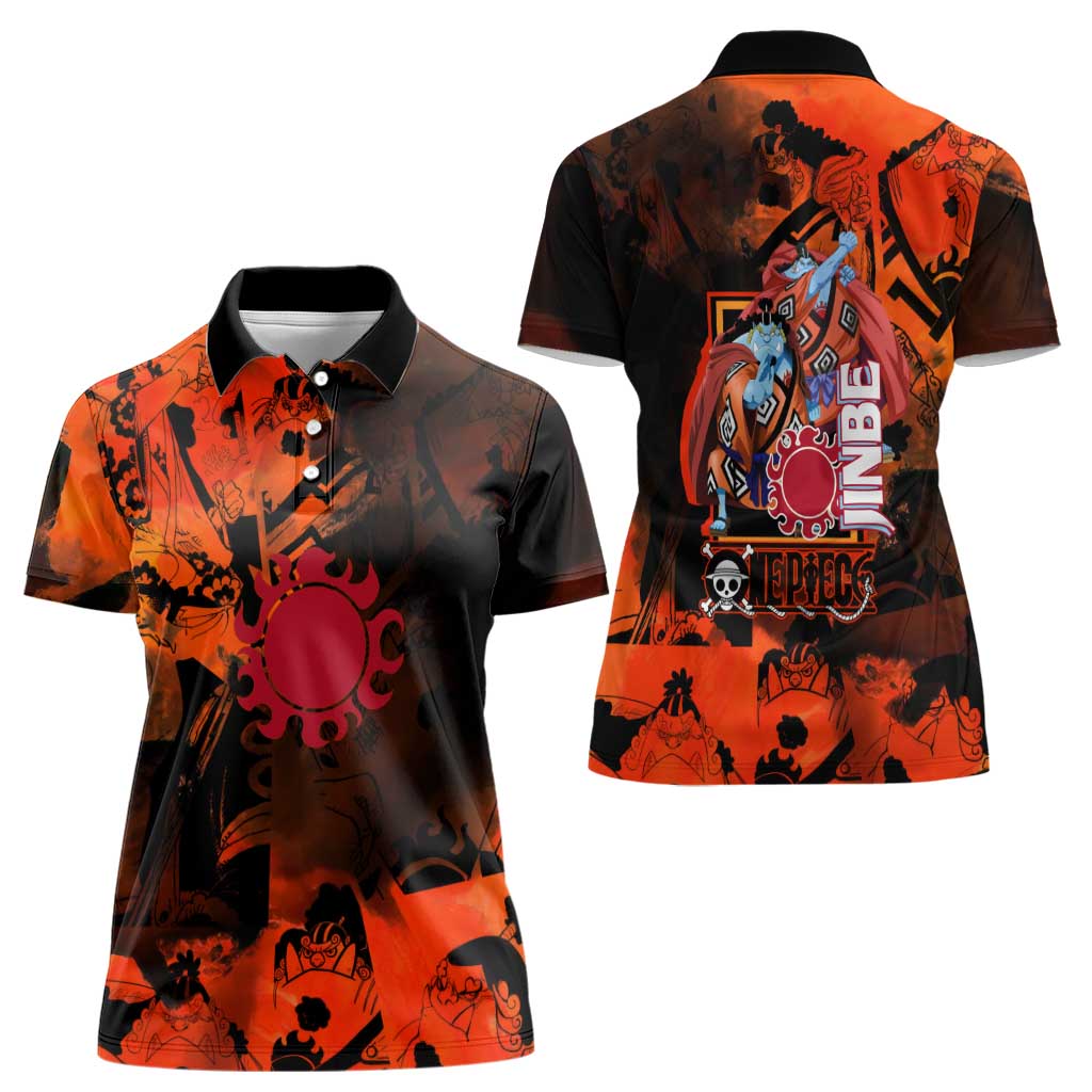 Jinbe One Piece Red and Black Theme Women Polo Shirt with Sun Pirates Emblem and Karate Pose Design - The Mazicc