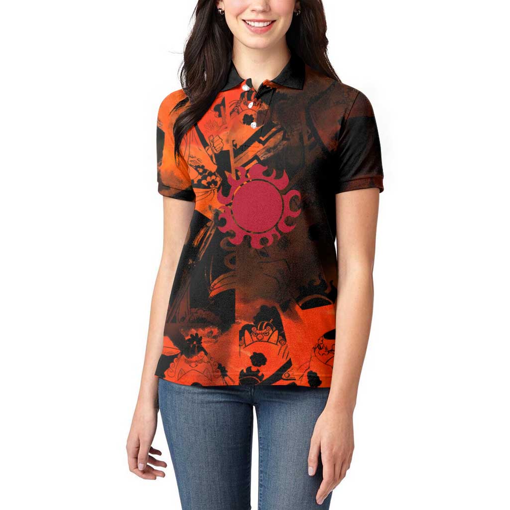 Jinbe One Piece Red and Black Theme Women Polo Shirt with Sun Pirates Emblem and Karate Pose Design - The Mazicc
