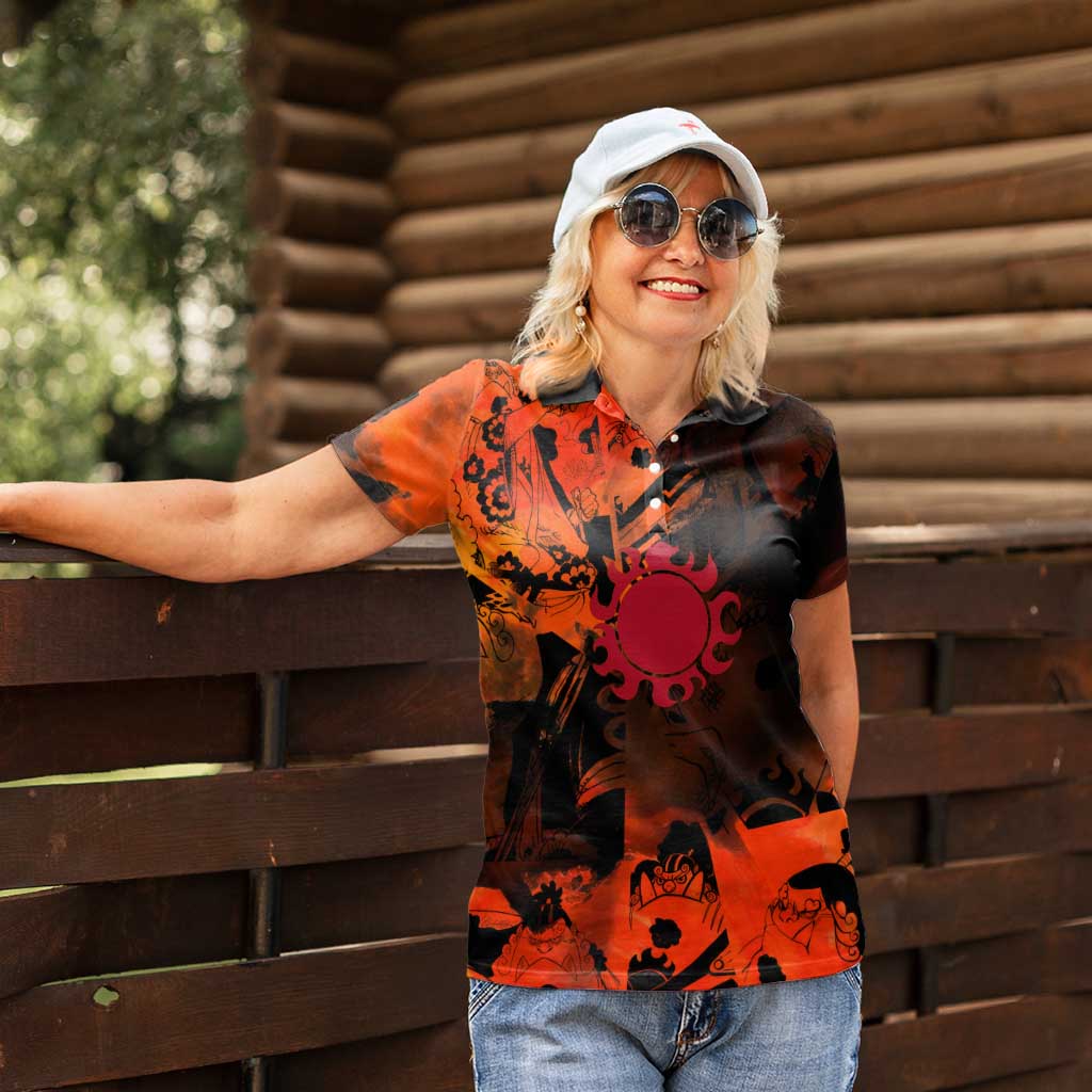 Jinbe One Piece Red and Black Theme Women Polo Shirt with Sun Pirates Emblem and Karate Pose Design - The Mazicc