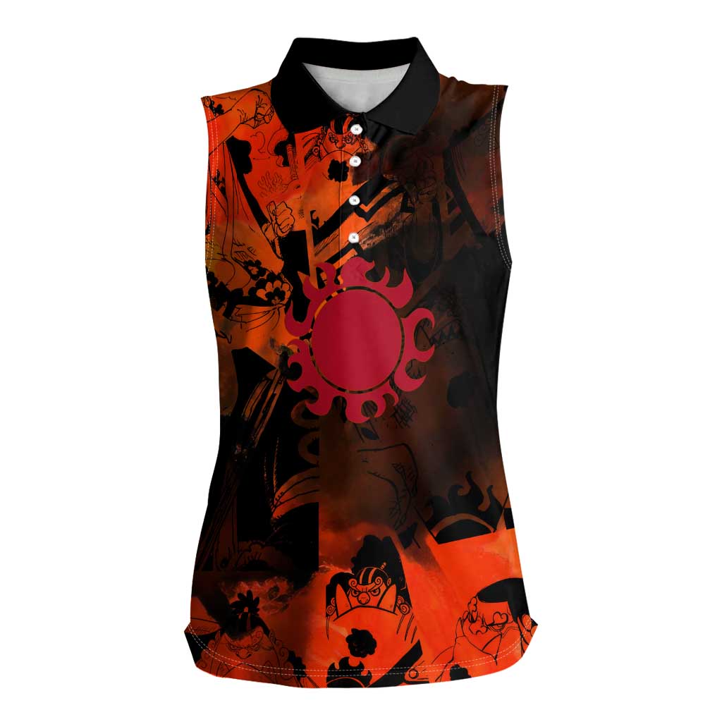 Jinbe One Piece Red and Black Theme Women Sleeveless Polo Shirt with Sun Pirates Emblem and Karate Pose Design - The Mazicc