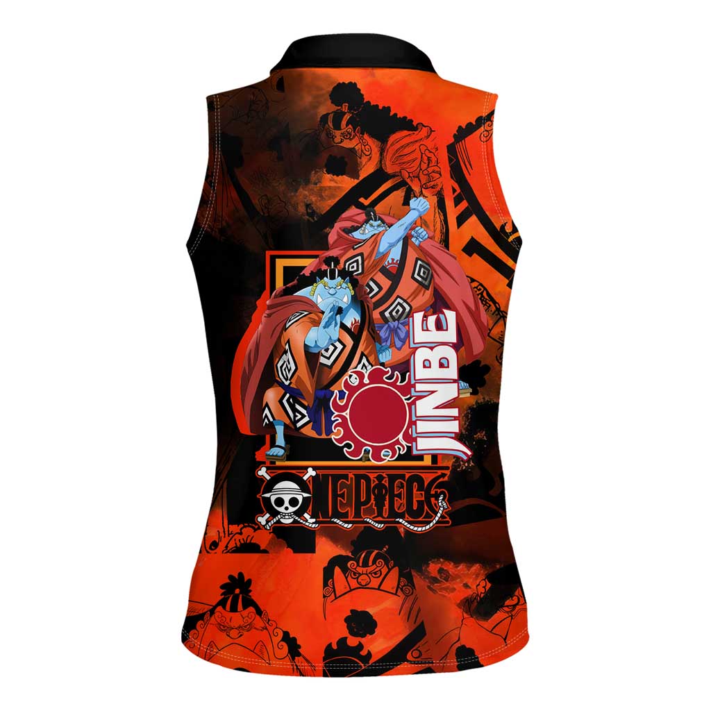 Jinbe One Piece Red and Black Theme Women Sleeveless Polo Shirt with Sun Pirates Emblem and Karate Pose Design - The Mazicc
