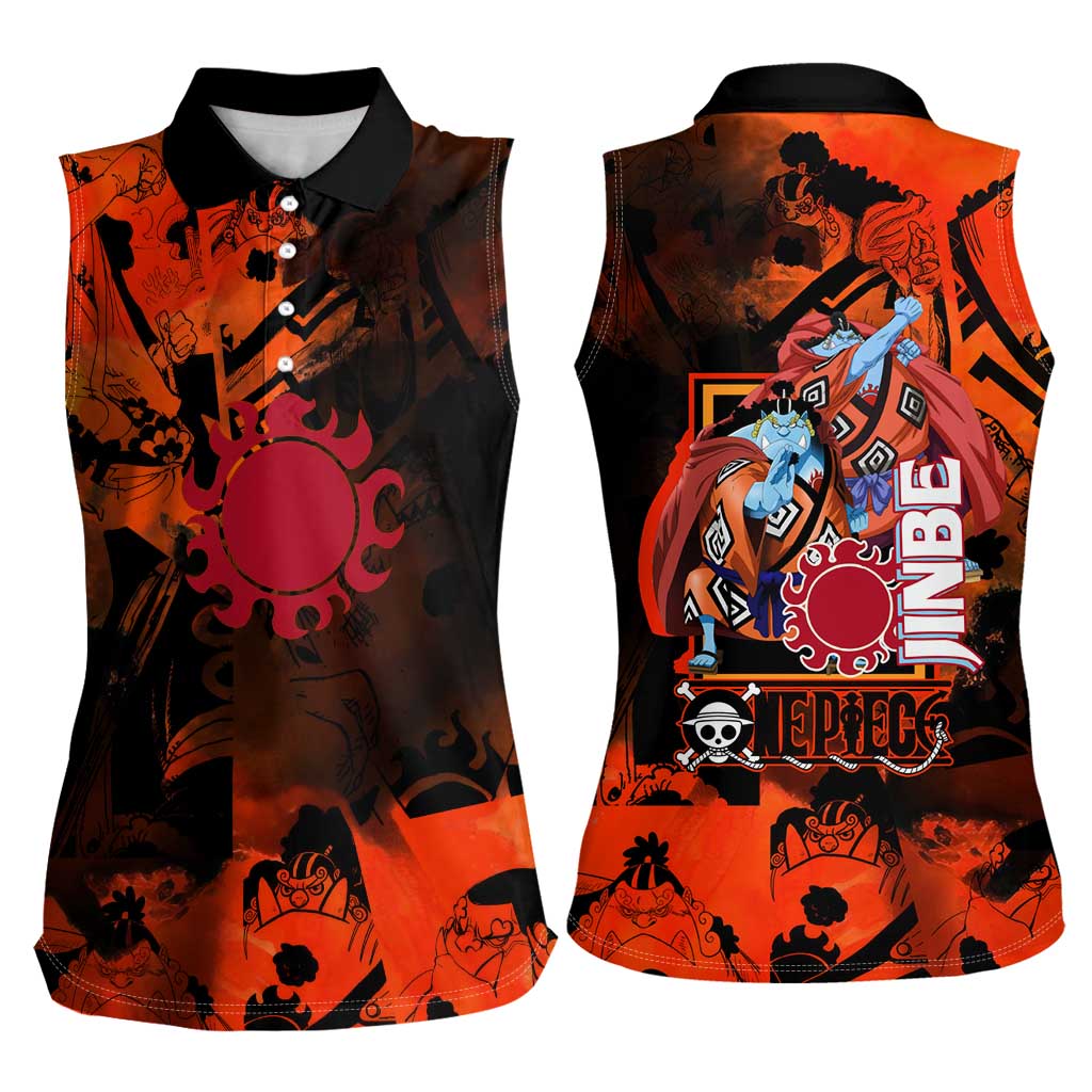 Jinbe One Piece Red and Black Theme Women Sleeveless Polo Shirt with Sun Pirates Emblem and Karate Pose Design - The Mazicc