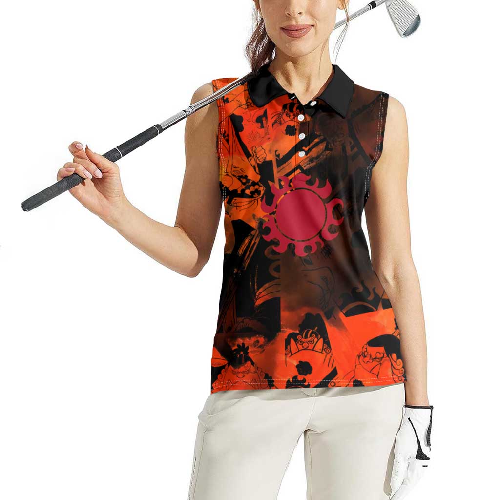 Jinbe One Piece Red and Black Theme Women Sleeveless Polo Shirt with Sun Pirates Emblem and Karate Pose Design - The Mazicc