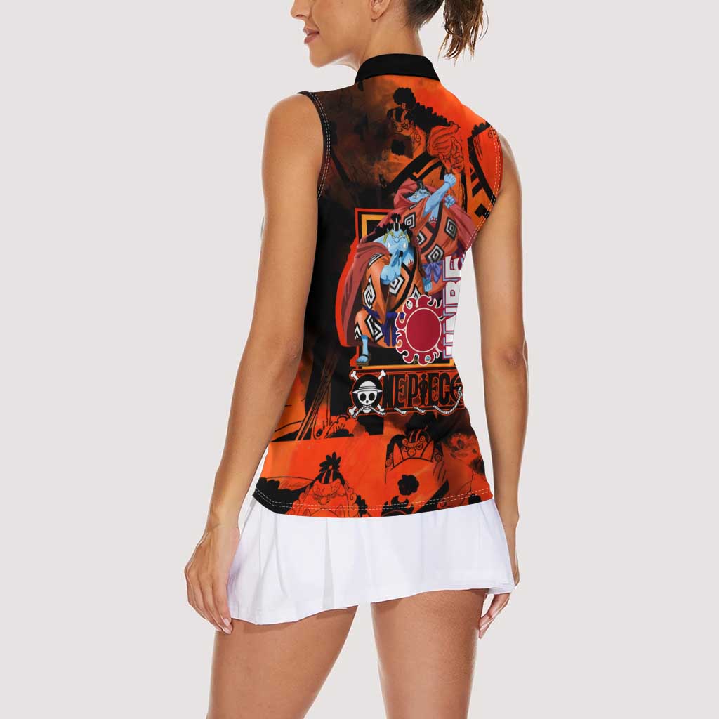 Jinbe One Piece Red and Black Theme Women Sleeveless Polo Shirt with Sun Pirates Emblem and Karate Pose Design - The Mazicc